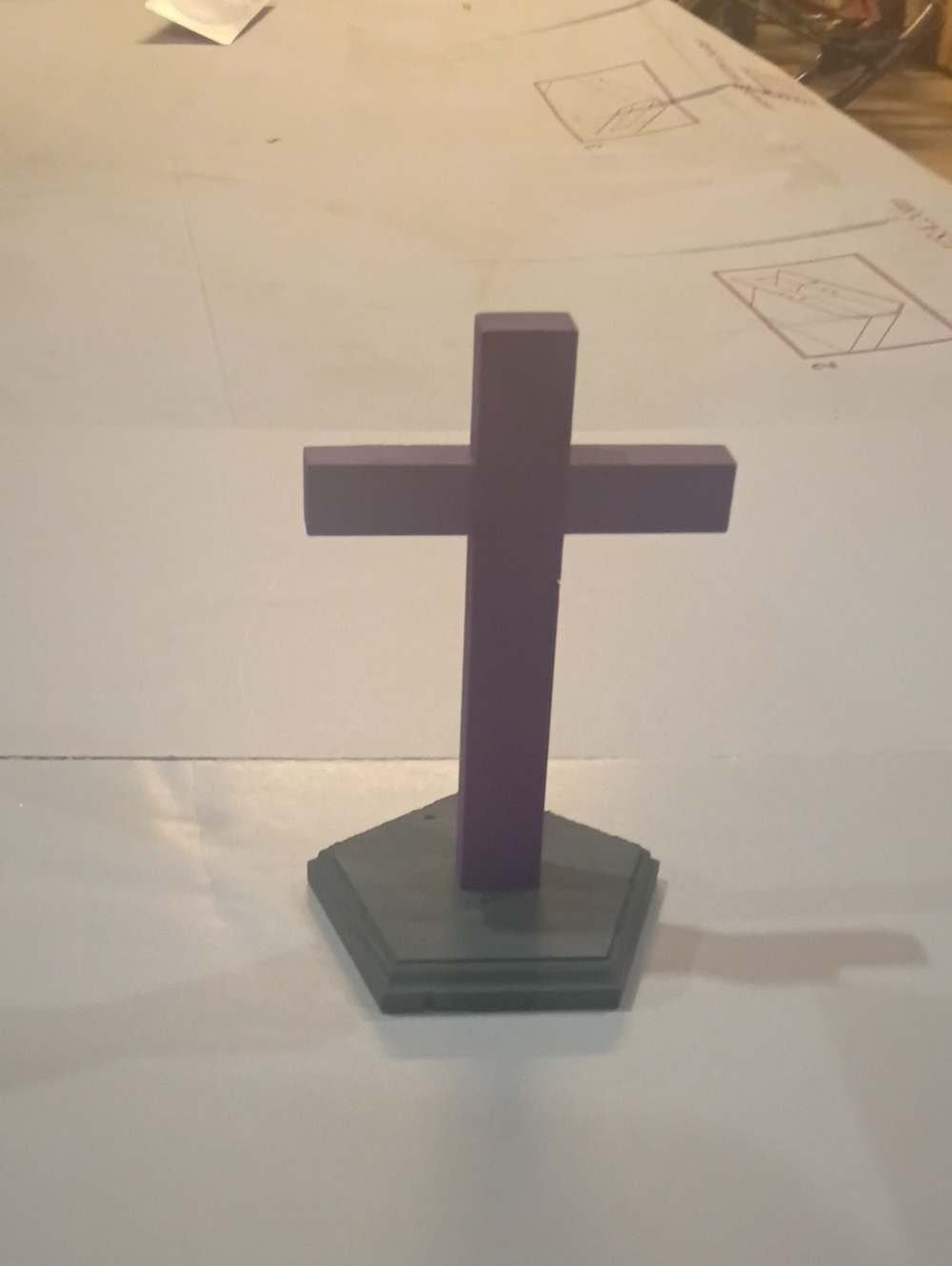 Minimal Purple Cross Sculpture on Gray Hex Base - Decorative Home Accent